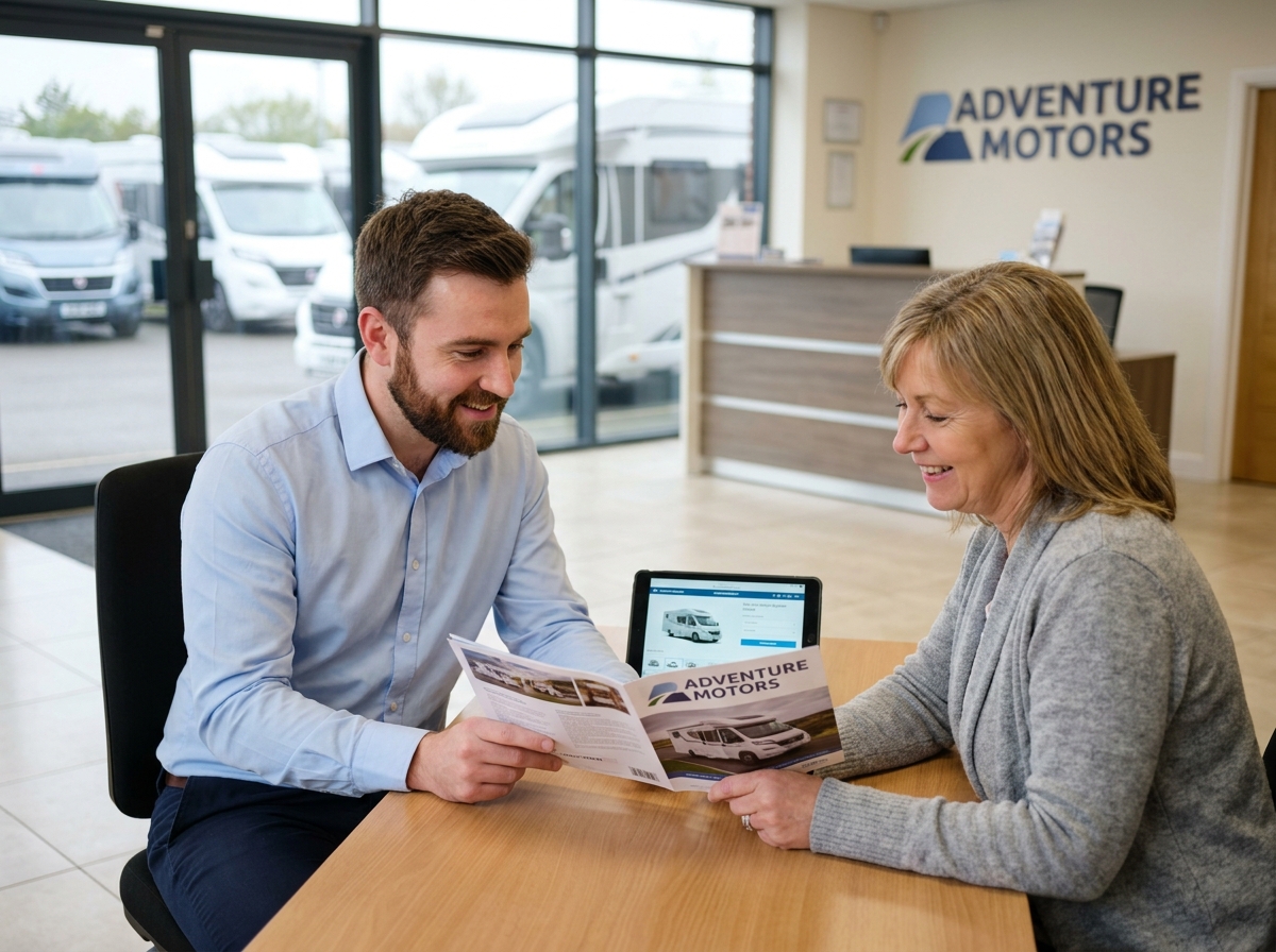 Conseiller de vente présentant les options d'un camping-car à une cliente dans un showroom de concessionnaire