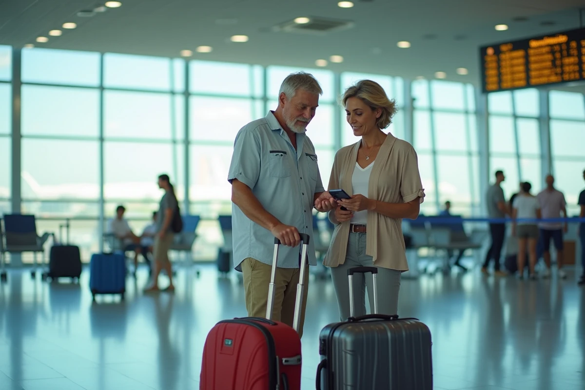 Couple à l'aéroport avec valises consulter leur smartphone pour un séjour réservé en promo Leclerc