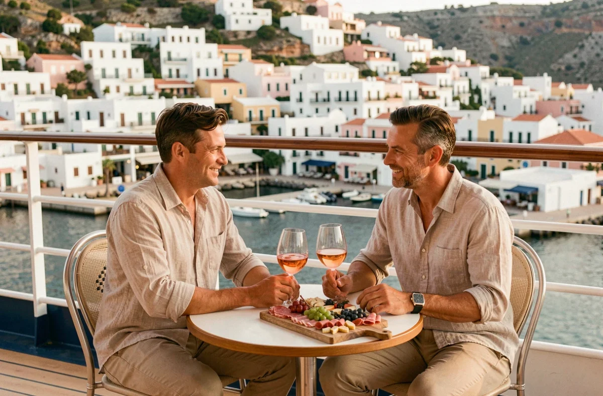 Couple profitant d'un apéritif en terrasse sur un bateau de croisière avec vue sur un port méditerranéen