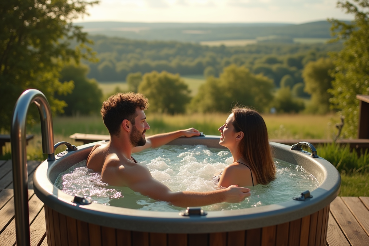Couple relaxant dans un bain extérieur en Normandie