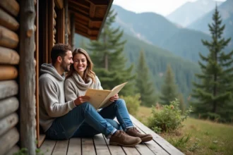 Couple souriant sur la terrasse d'une cabane en montagne