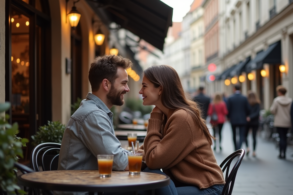 Couple assis au café dans Lille avec architecture élégante