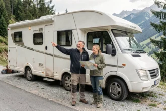 Couple de voyageurs debout devant leur camping-car Hymer garé en montagne après plusieurs années de road trips