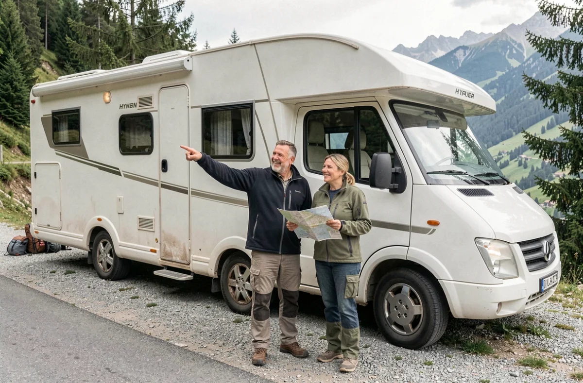 Couple de voyageurs debout devant leur camping-car Hymer garé en montagne après plusieurs années de road trips