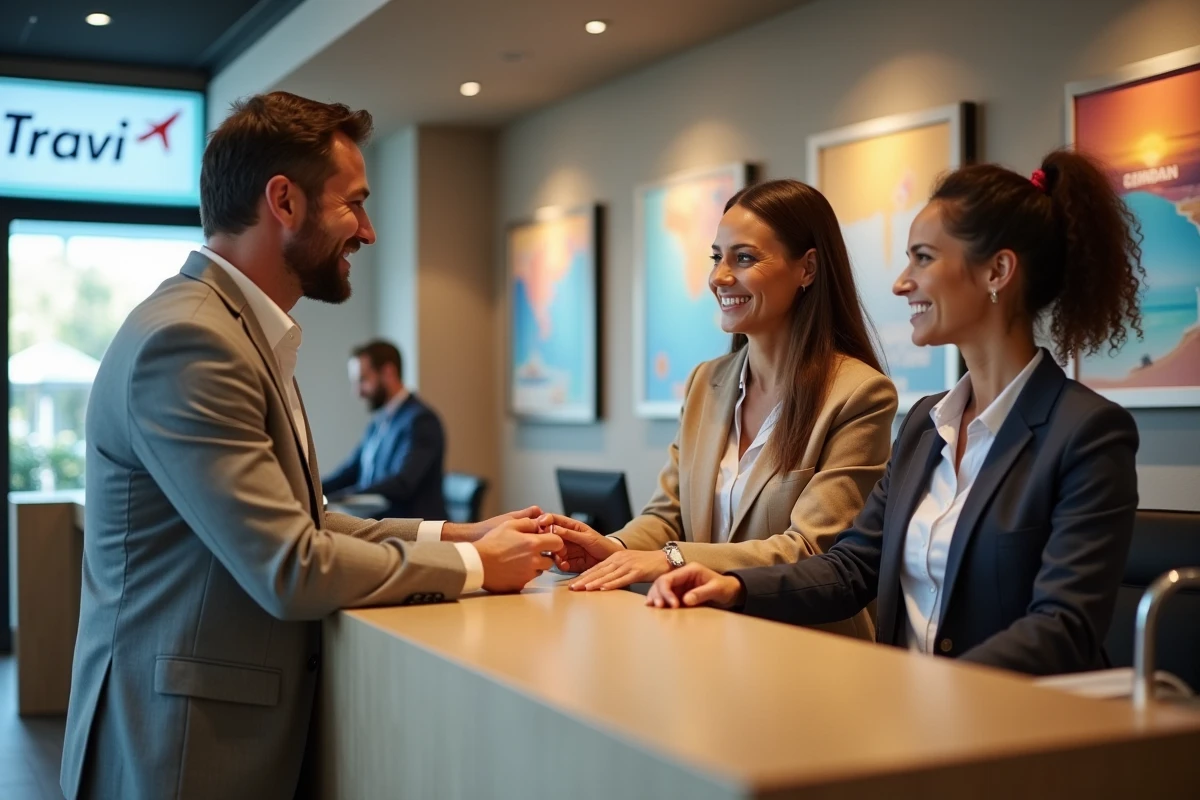 Couple utilisant une carte cadeau Selectour à un comptoir d'agence de voyage pour payer leur séjour