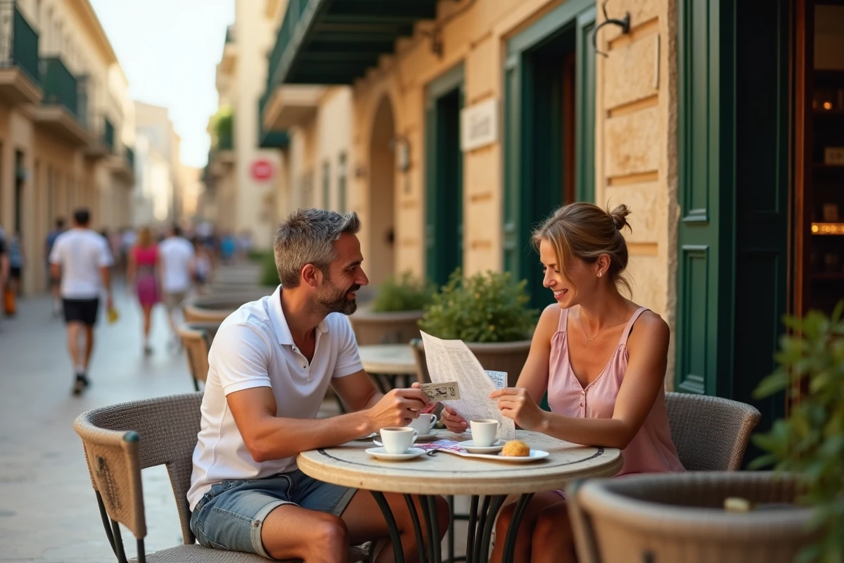Couple utilisant la carte Le Petit Maltais dans un café traditionnel maltais avec balcons en bois colorés
