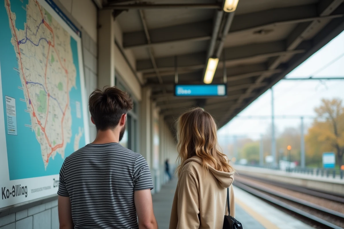 Couple étudiant une carte des zones Navigo sur un quai de RER en région parisienne
