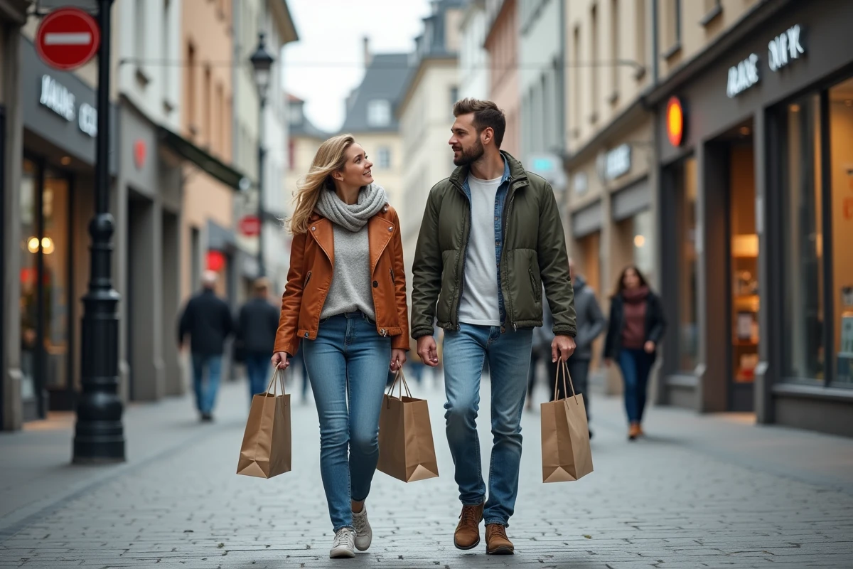 Couple se promenant dans le centre-ville d'Esch-sur-Alzette, comparant les quartiers pour un projet immobilier au Luxembourg
