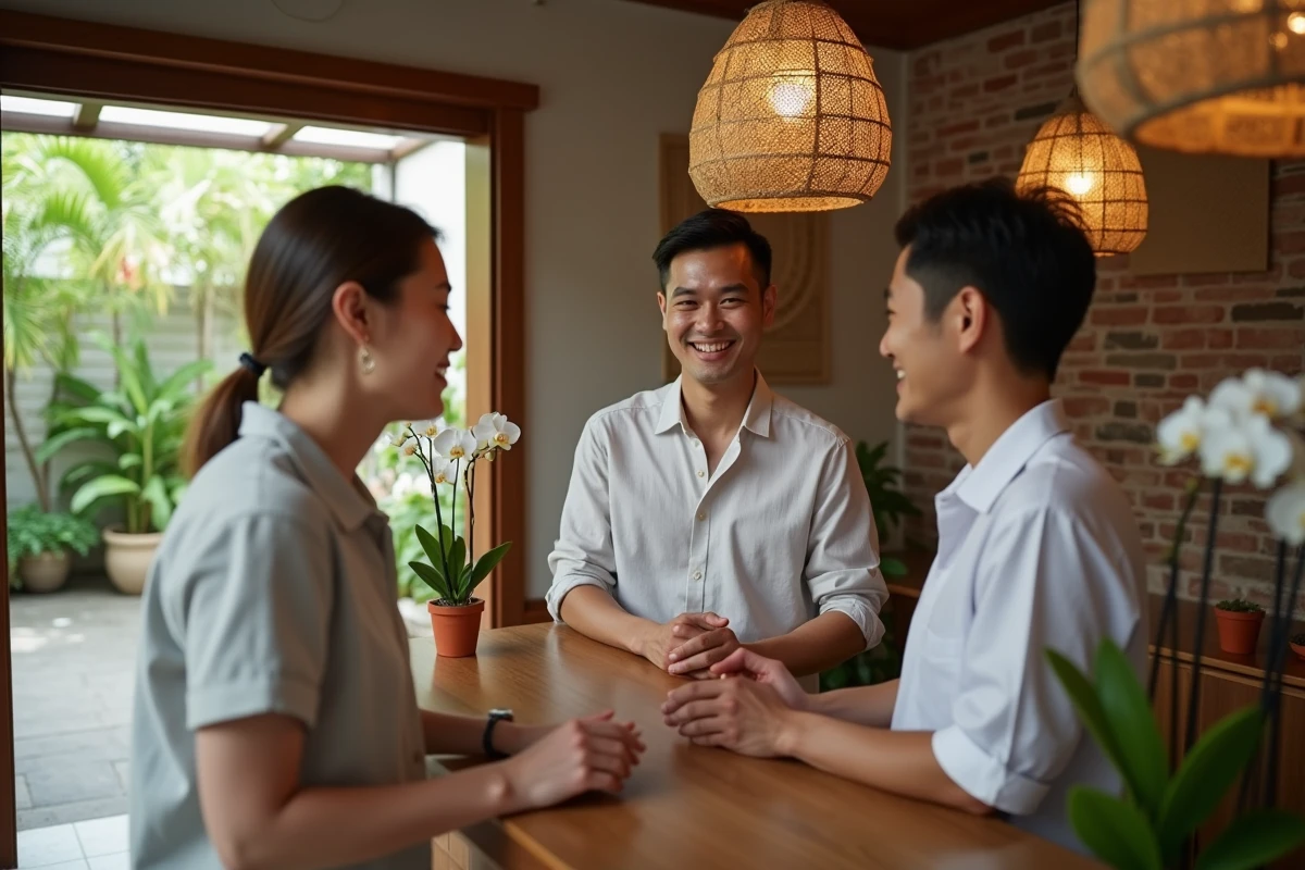 Couple effectuant le check-in dans une guesthouse boutique de Bangkok, Thaïlande