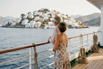 Couple sur le pont d'un bateau de croisière admirant les îles grecques depuis la mer Égée