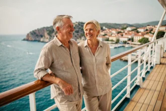 Couple souriant sur le pont d'un bateau de croisière avec vue sur une côte méditerranéenne