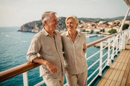 Couple souriant sur le pont d'un bateau de croisière avec vue sur une côte méditerranéenne