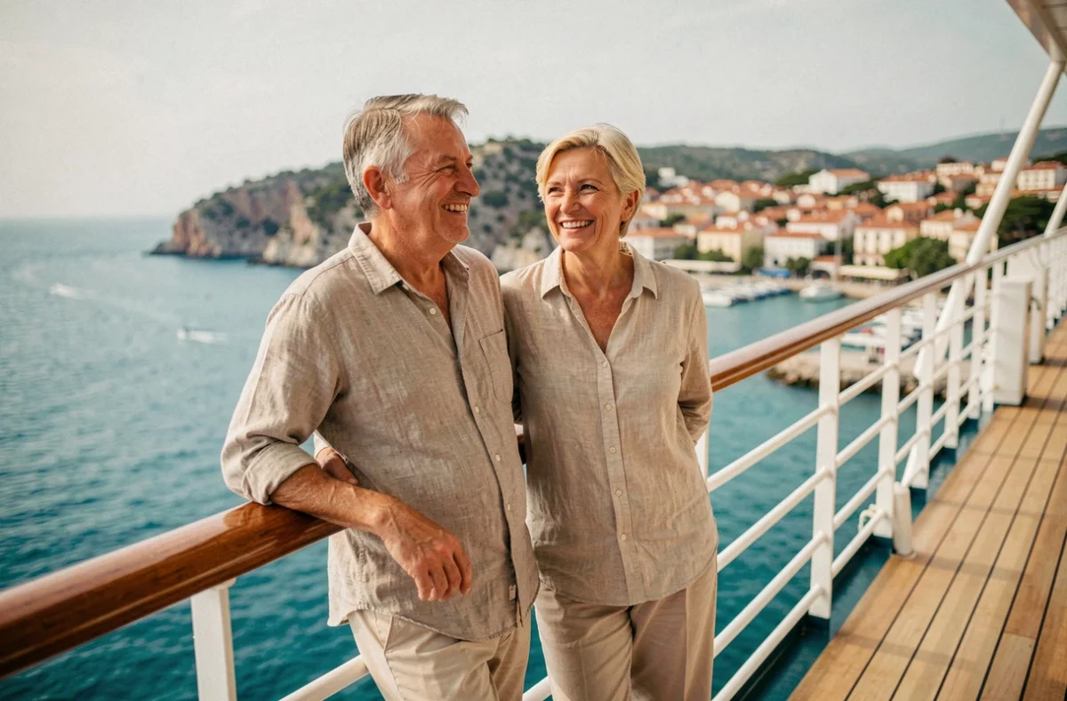 Couple souriant sur le pont d'un bateau de croisière avec vue sur une côte méditerranéenne