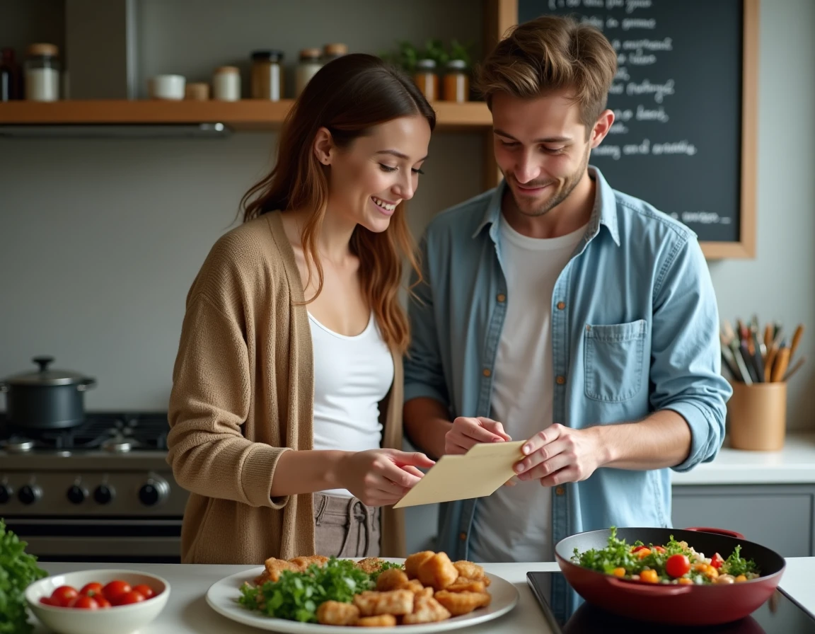 Couple cuisinant ensemble une recette de box repas dans une cuisine moderne avec des ingrédients mesurés