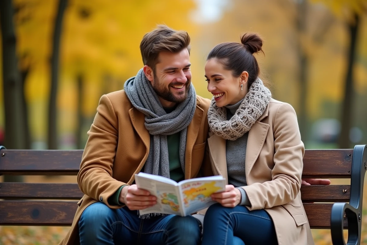 Couple discutant avec magazine et carte dans un parc automnal