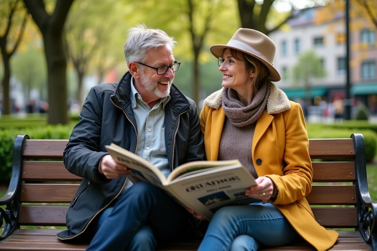 Homme et femme discutant dans un parc avec magazine culturel