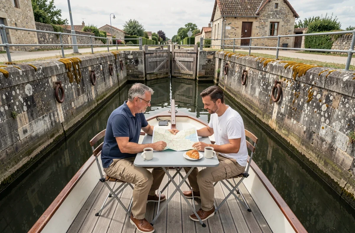 Couple planifiant leur itinéraire sur une écluse du Canal du Midi avec une carte nautique