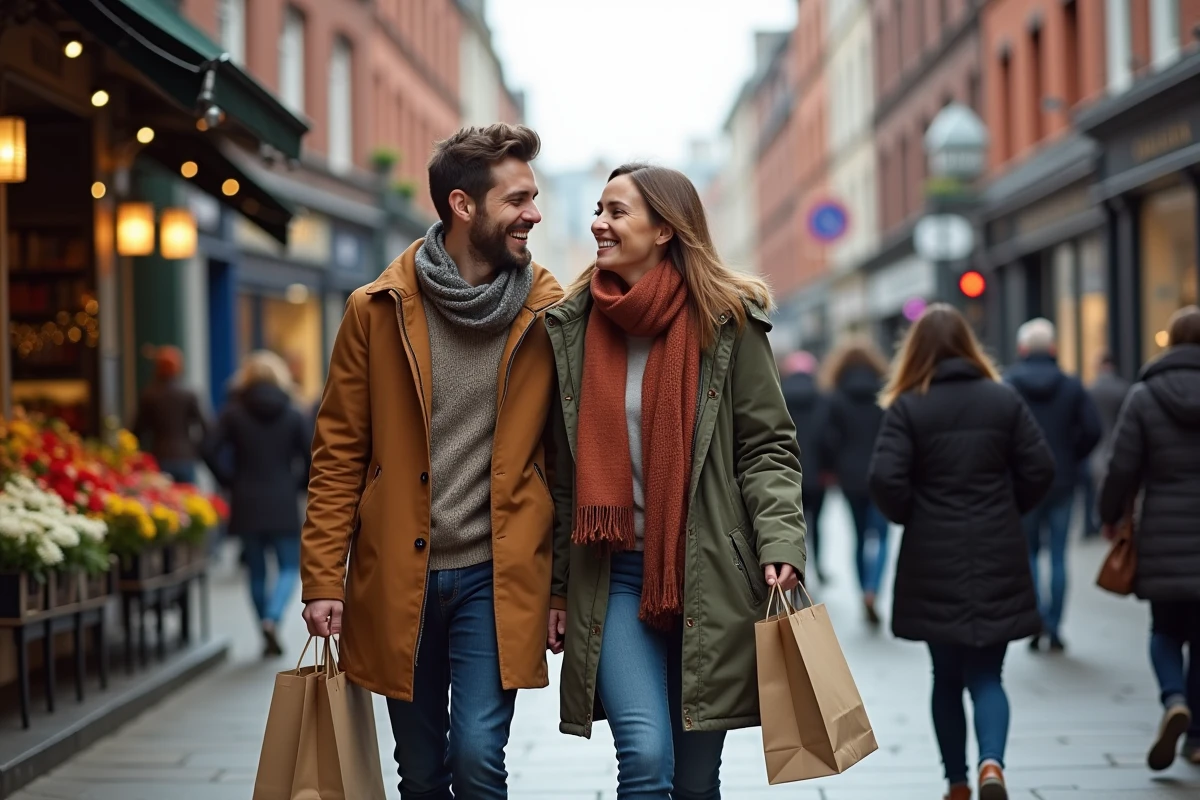Couple de touristes se promenant sur Grafton Street à Dublin entouré de musiciens de rue et de boutiques