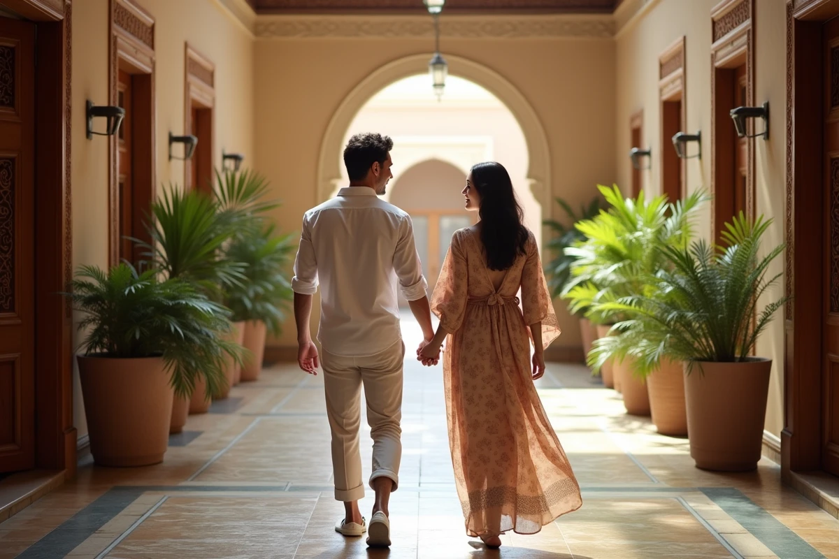Couple marchant main dans la main dans un couloir de hotel