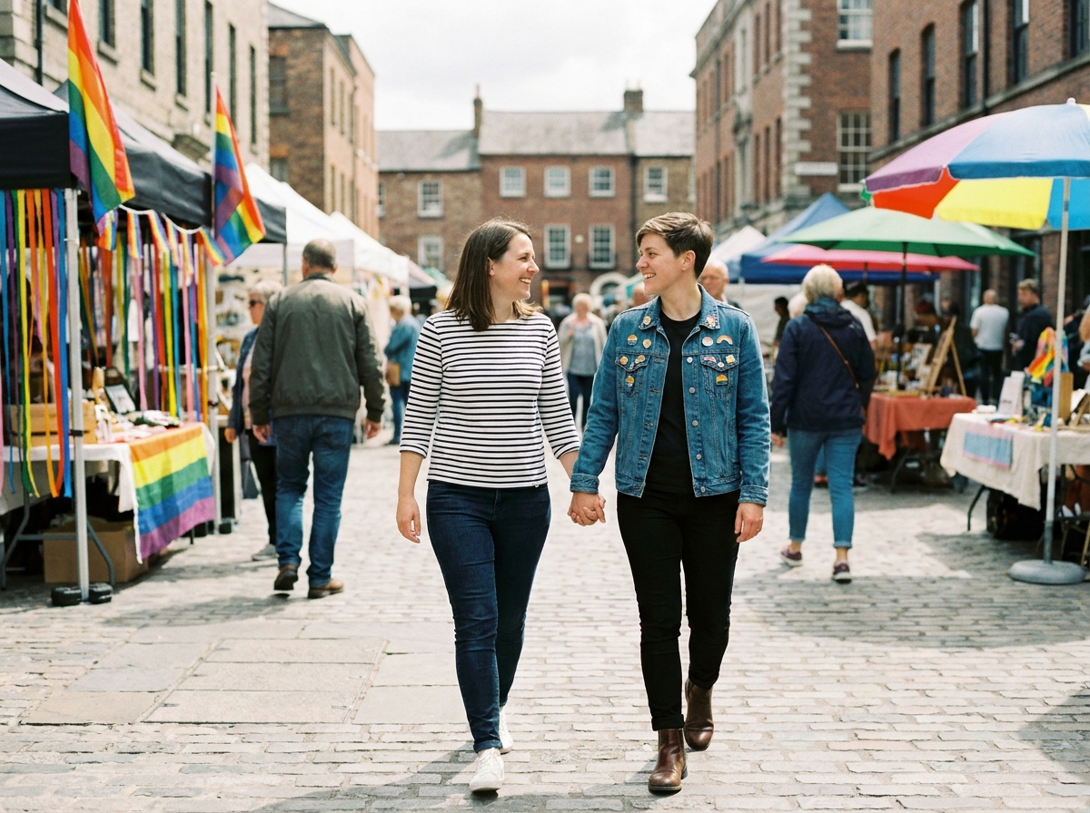Couple de femmes LGBTQ+ se promenant main dans la main dans un marché urbain animé