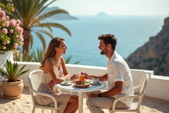 Jeune couple souriant sur terrasse méditerranéenne en été