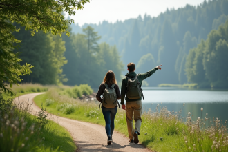 Jeune couple en randonnée au bord d'un lac dans un grand parc européen