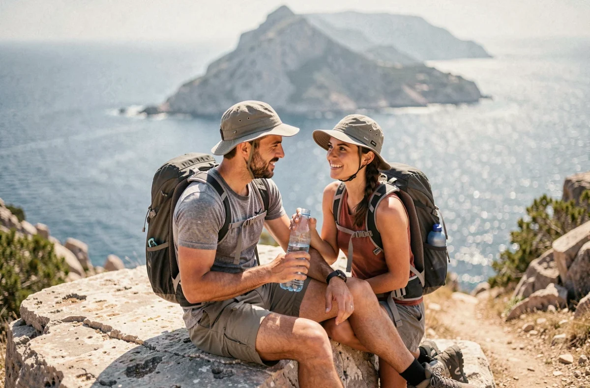 Couple de randonneurs faisant une pause sur un rocher avec vue sur la mer lors d'une randonnée au Capu di Muru en Corse
