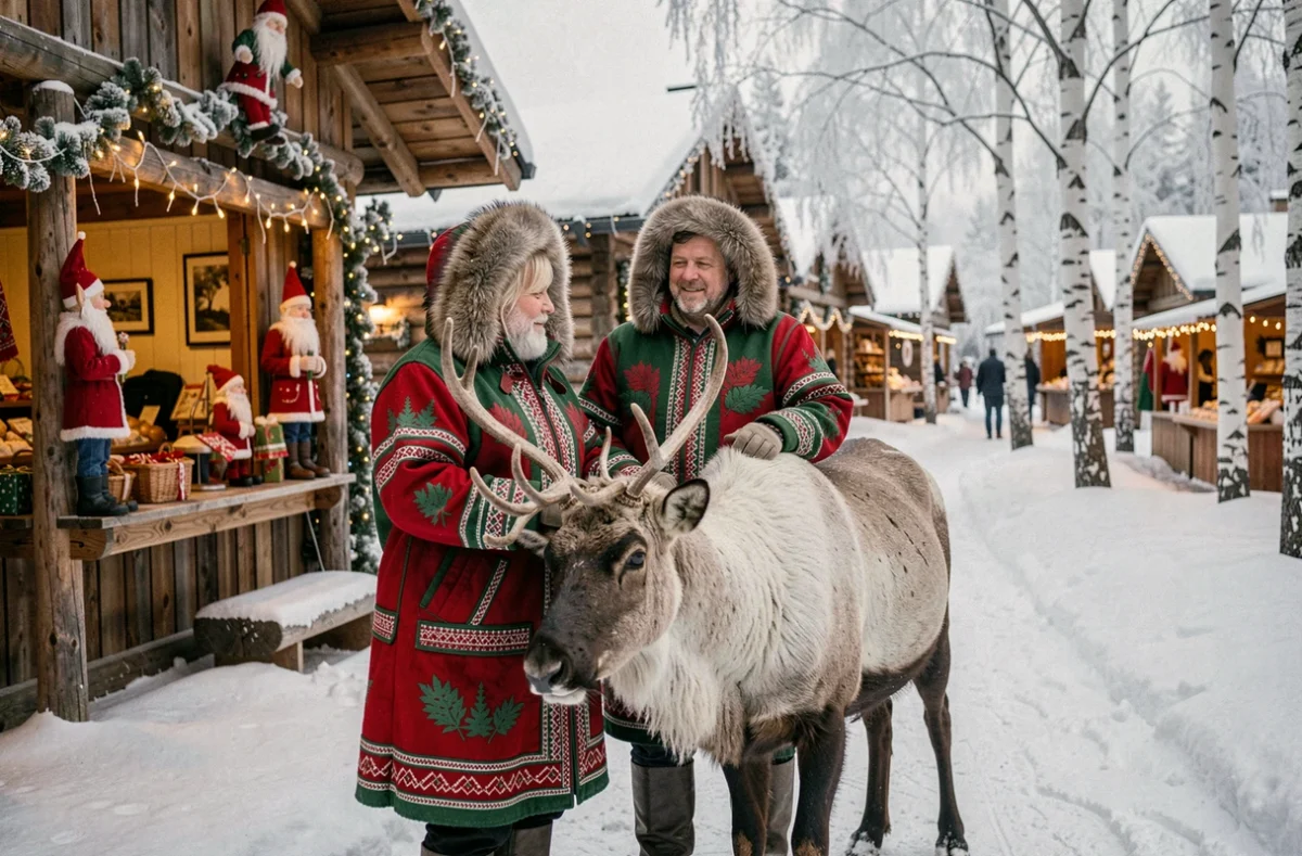 Couple avec un renne devant les boutiques décorées du village du père Noël en Laponie
