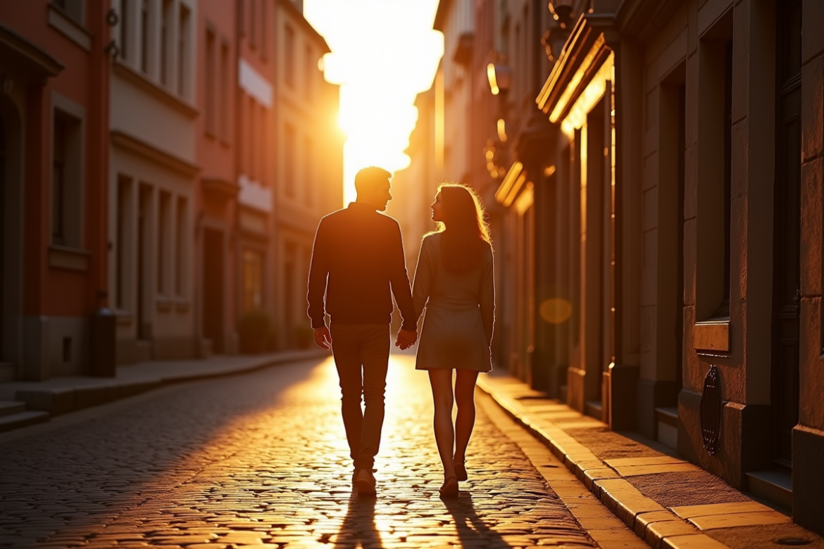 Couple romantique marchant main dans la main dans Lille
