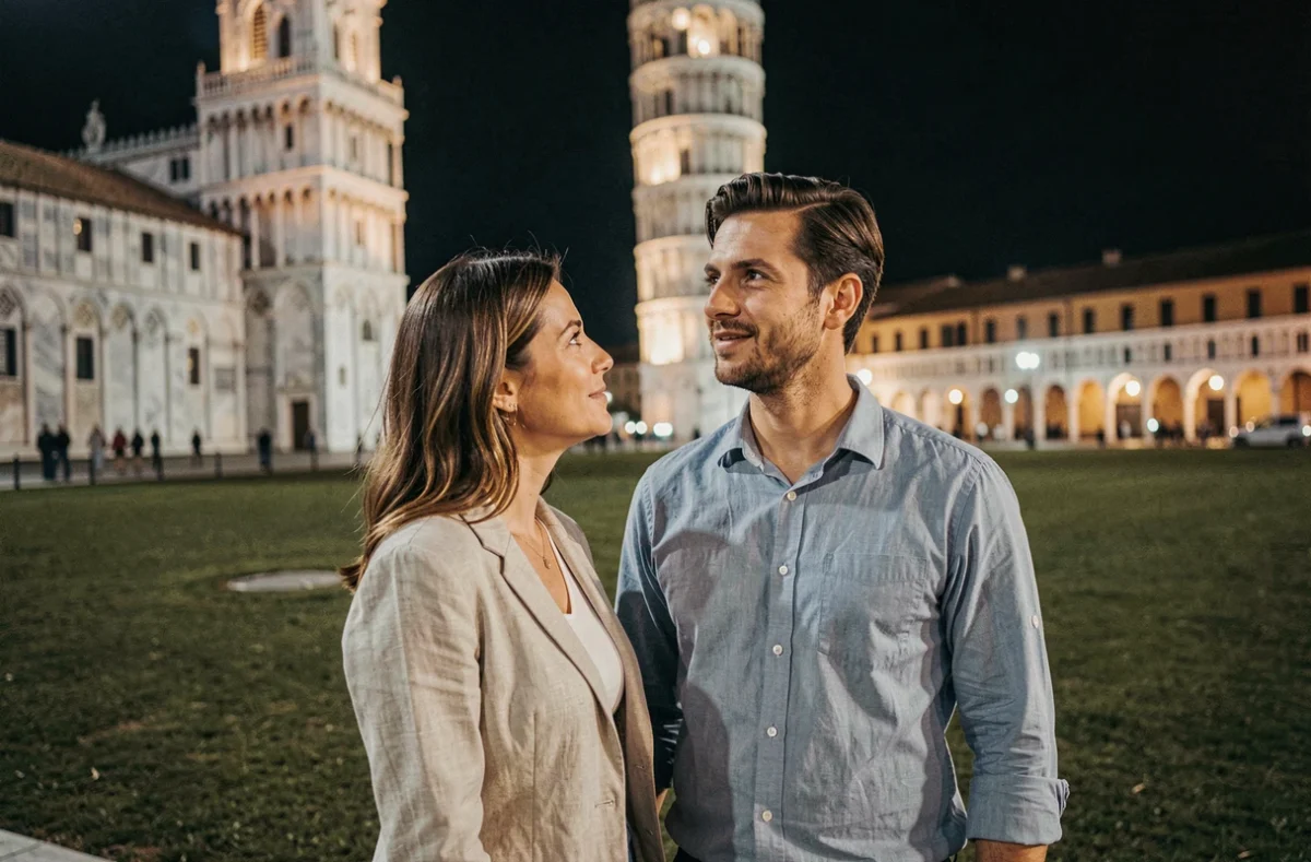 Un couple admirant la tour de Pise illuminée la nuit depuis la place des Miracles, ambiance nocturne romantique