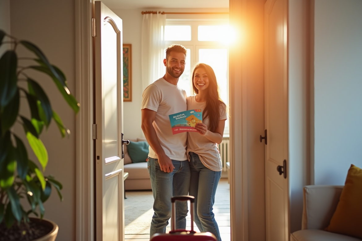 Couple souriant avec bons de vacances devant un appartement lumineux