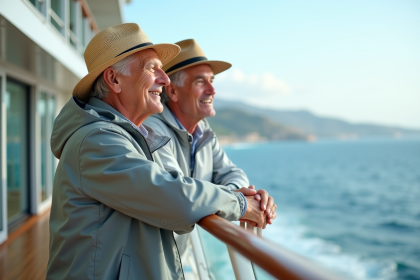 Couple retire souriant sur le pont d'un bateau en mer