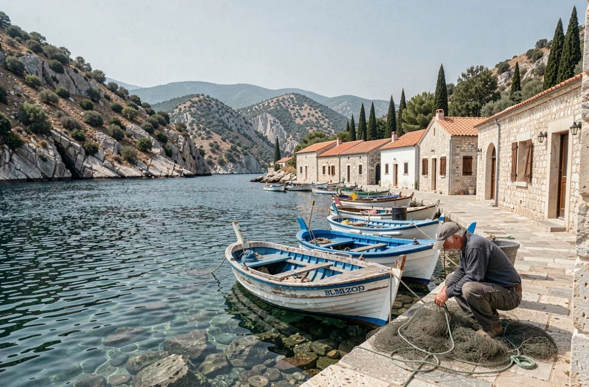 Vue panoramique de la crique de Limeni avec des barques de pêcheurs traditionnelles sur des eaux cristallines et le village du Magne en arrière-plan