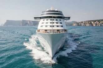 Bateau de croisière Club Med naviguant sur la mer Méditerranée avec une côte rocheuse en arrière-plan