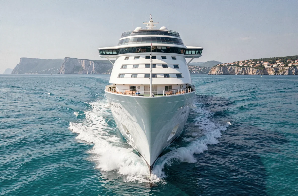 Bateau de croisière Club Med naviguant sur la mer Méditerranée avec une côte rocheuse en arrière-plan