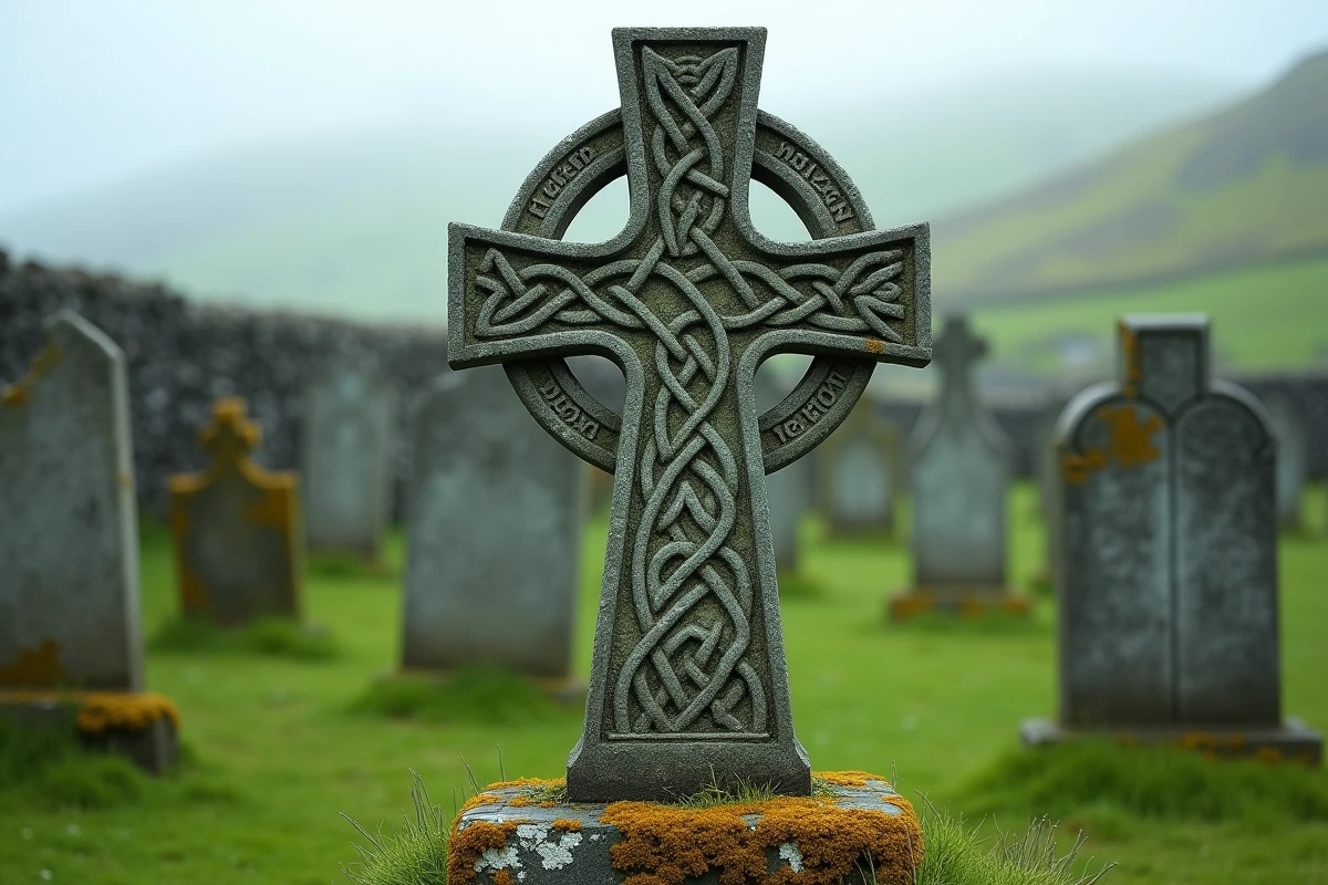 Croix celtique en pierre sculptée de motifs entrelacés dans un cimetière rural brumeux de l'île de Man