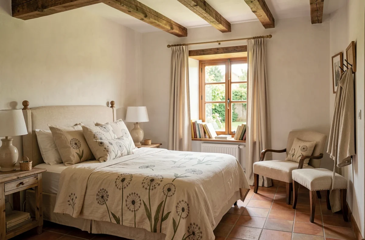 Chambre intérieure du Dandelion Bed and Breakfast avec décoration botanique et poutres en bois apparentes