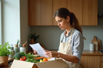 Femme déballant une box repas avec des ingrédients frais et une fiche recette sur un plan de travail en bois