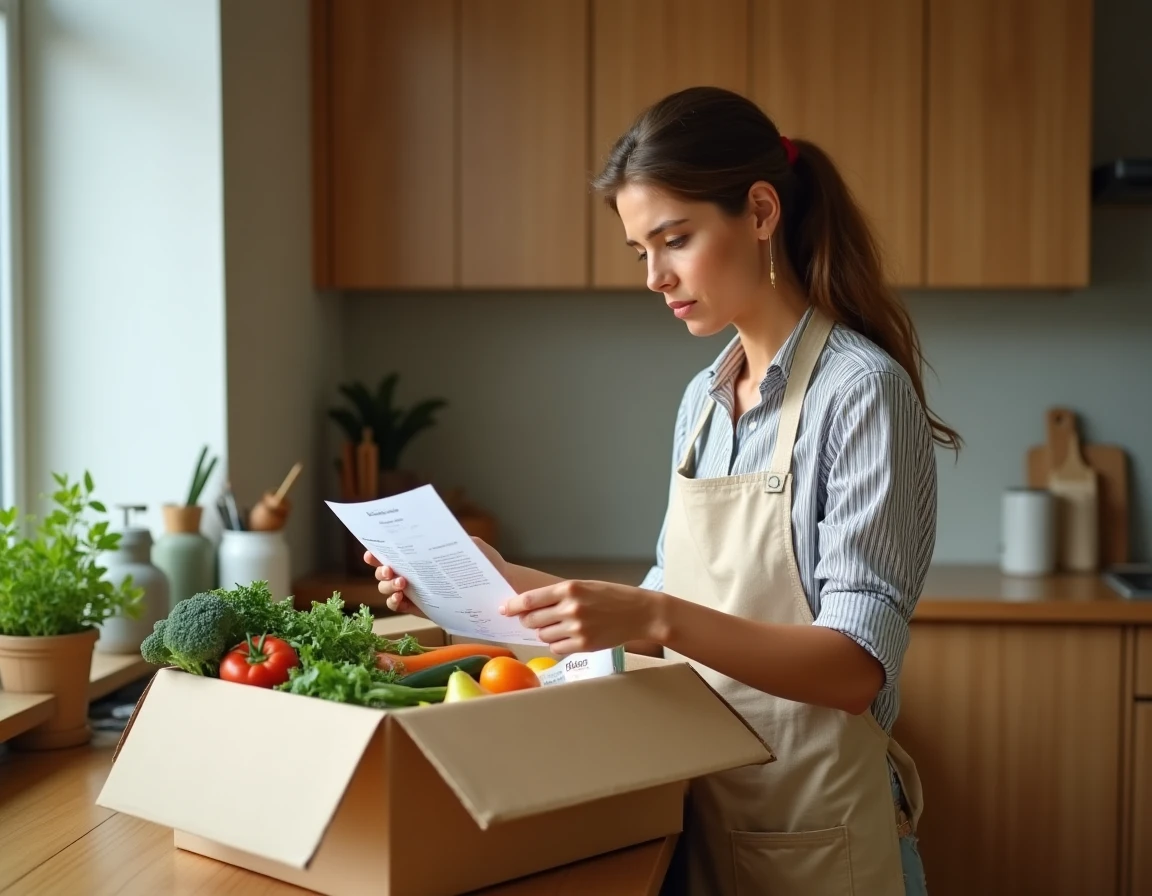 Femme déballant une box repas avec des ingrédients frais et une fiche recette sur un plan de travail en bois