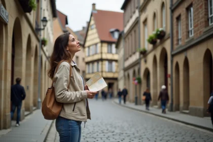Touriste découvrant les façades médiévales à colombages du vieux Mans pour la première fois