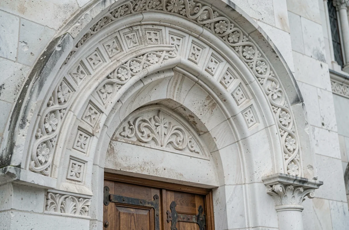 Détail architectural en gros plan du portail sculpté en pierre calcaire du temple Saint-Sava à Belgrade avec ses motifs byzantins géométriques et floraux