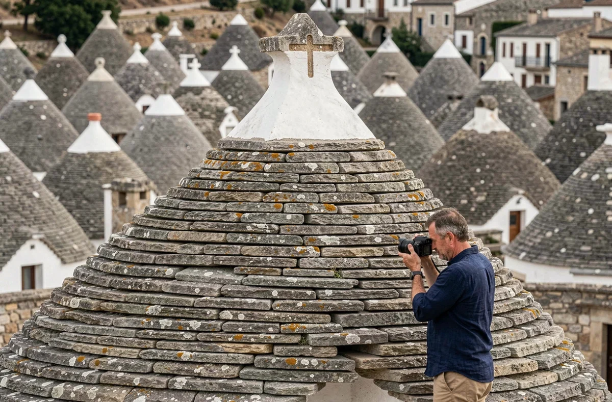 Détail architectural d'un toit conique en pierre sèche d'un trullo d'Alberobello avec pinacle blanc décoré, Pouilles