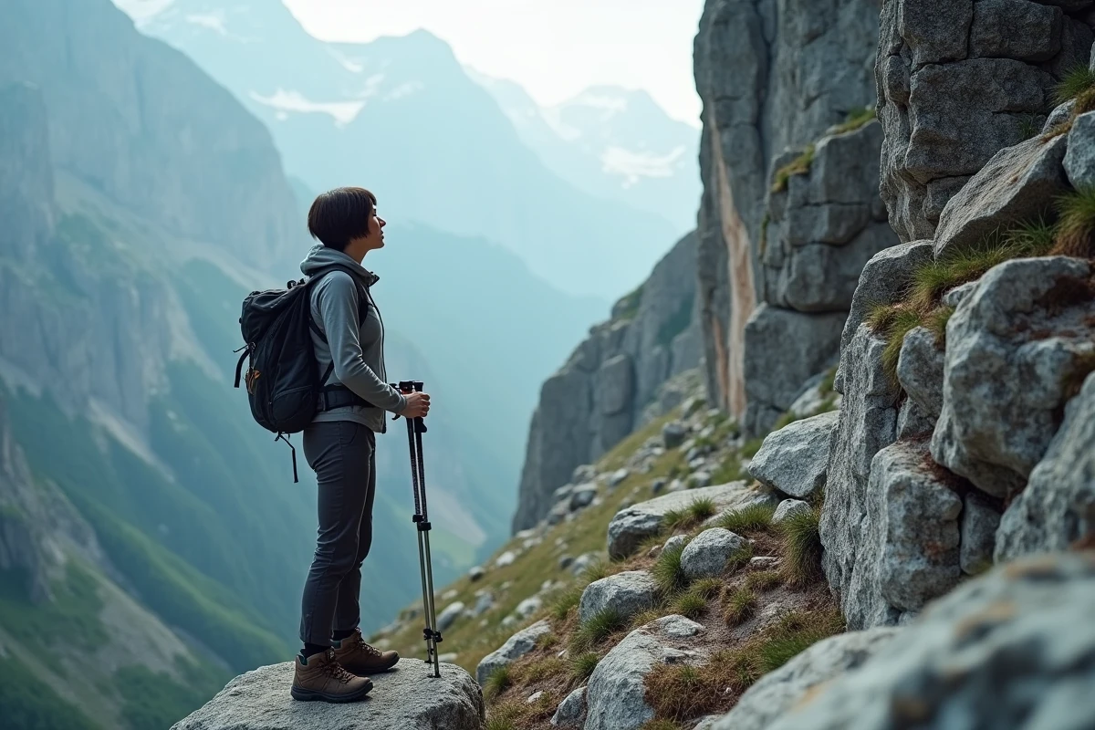 Randonneuse face à une montée technique et exposée sur le GR20, exprimant le doute et la résistance mentale devant un passage difficile en Corse