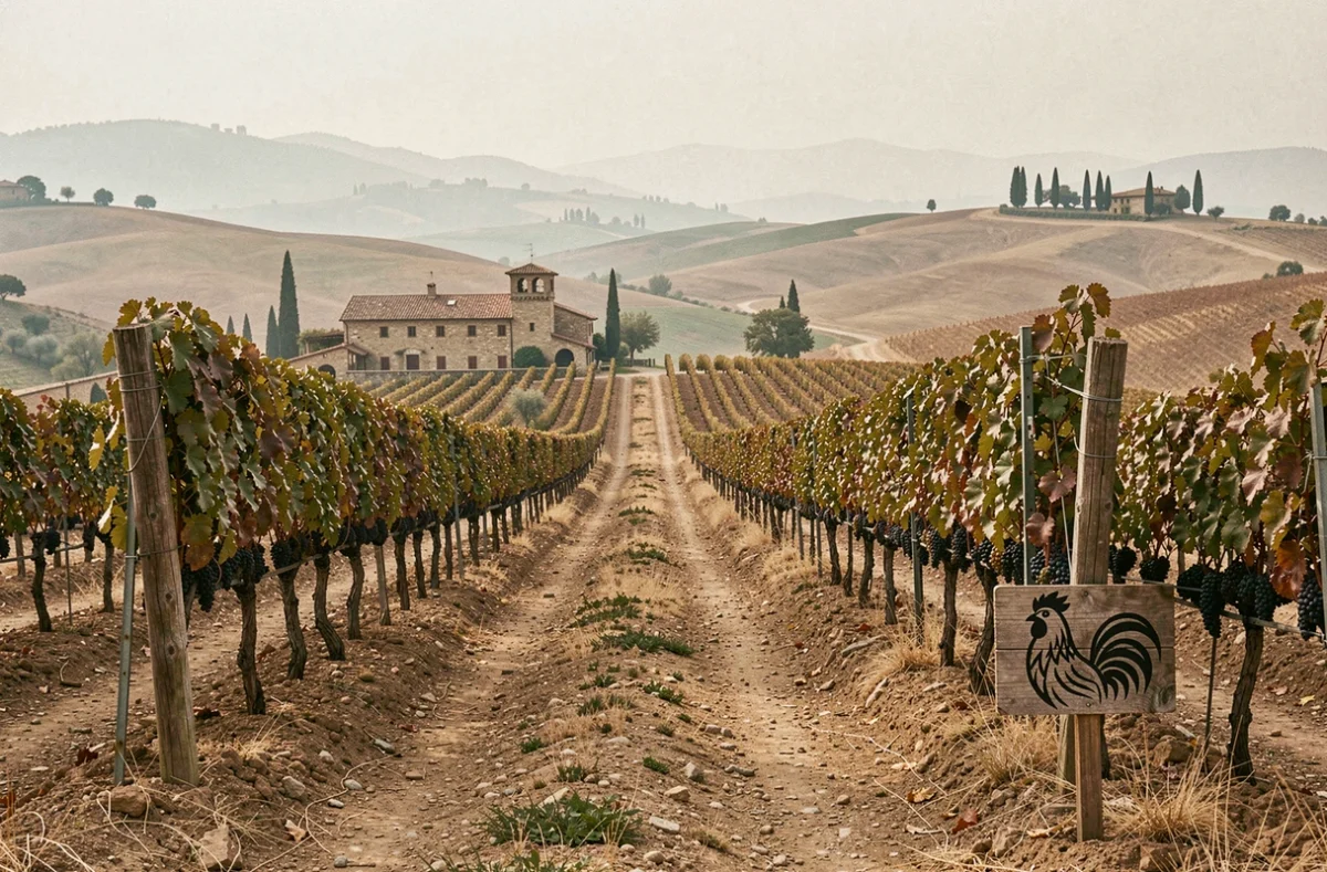 Domaine viticole du Chianti Classico en Toscane avec des vignes de Sangiovese et un panneau au coq noir à l'entrée