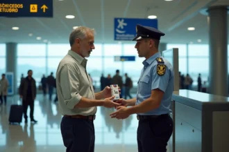 Voyageur présentant un carton de cigarettes à un douanier espagnol dans un aéroport européen
