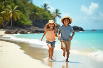 Enfants souriants courant sur la plage de Boucan Canot
