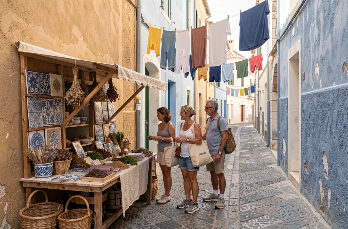 Touristes explorant un marché artisanal dans un village méditerranéen lors d'une escale de croisière