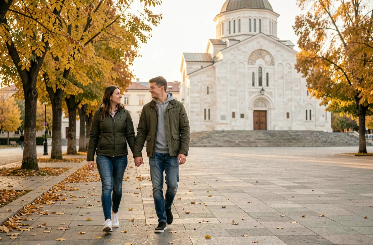 Couple se promenant sur l'esplanade du temple Saint-Sava à Belgrade en automne avec les arbres dorés et le dôme blanc en arrière-plan