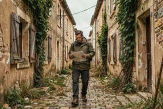 Explorateur adulte dans une rue en ruine d'un village abandonné en France, consultant une carte parmi les décombres et façades effondrées