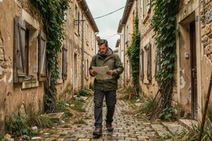 Explorateur adulte dans une rue en ruine d'un village abandonné en France, consultant une carte parmi les décombres et façades effondrées